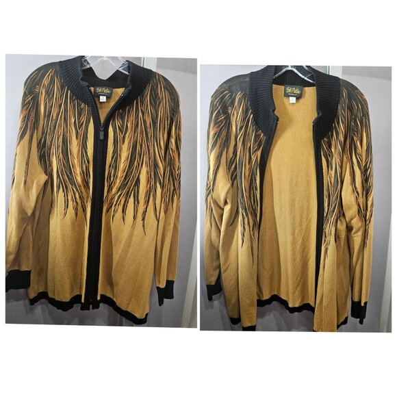 Bob Mackie Cardigan Sweater Plus 1X Wearable Art Feather Zip-Up Ribbed Knit - Picture 1 of 10